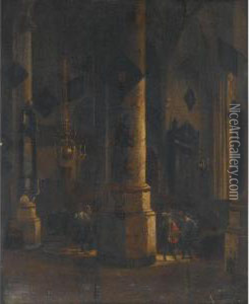 A Church Interior With Elegant Figures Conversing Oil Painting - Emanuel de Witte