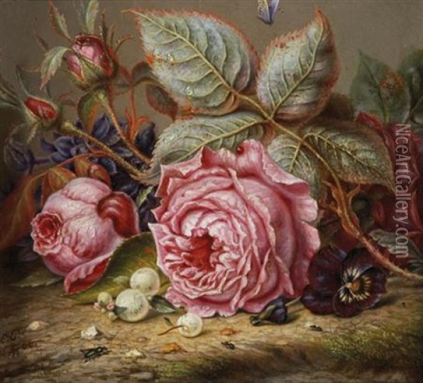 Still Life With Roses, A Pansy And Snowberries Oil Painting - Emilie Preyer