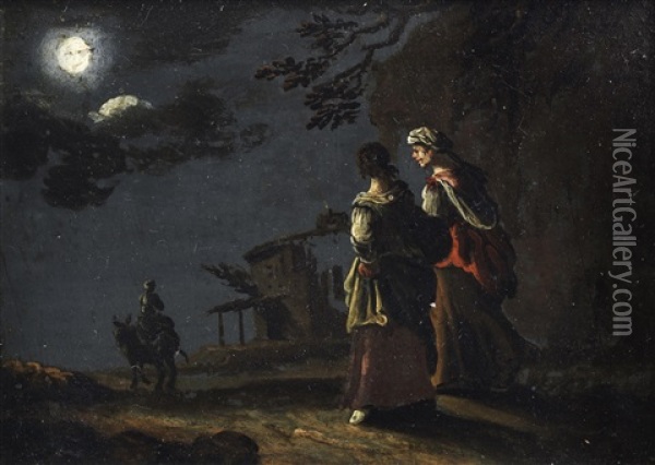 Figures Walking On A Country Path In The Moonlight Oil Painting - Leonard Bramer