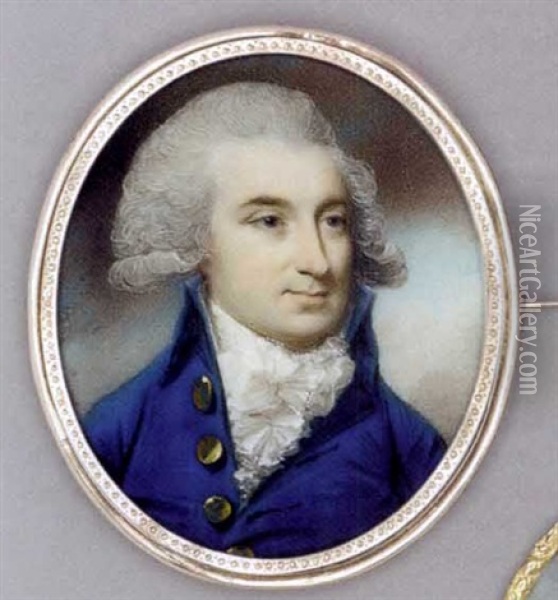 John Reid, In Blue Coat With Large Gold Buttons And Frilled White Cravat, Powdered Hair Oil Painting - George Engleheart