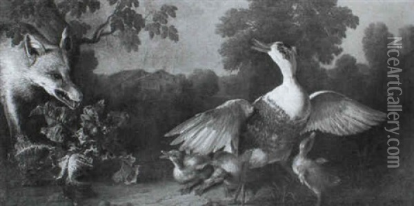 A Fox Surprising Ducks On A Pond Oil Painting - Melchior de Hondecoeter
