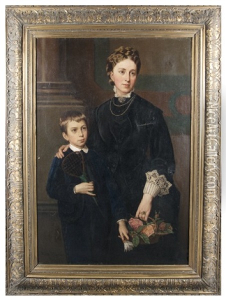 Mother And Son, He Is Holding A Feather Ball Game Oil Painting - Marie Wiegmann
