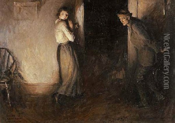 Margaret Stopped, Leaning Against The Wall Besides The Floor, Looking Back At What Lay Besides The Lamp Oil Painting - William Henry Dethlef Koerner