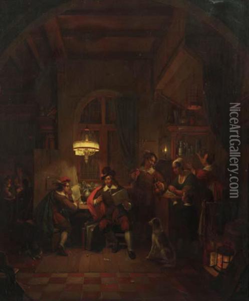 An Artist Showing Designs To A Client In A Candle-lit Tavern Oil Painting - George Harvey