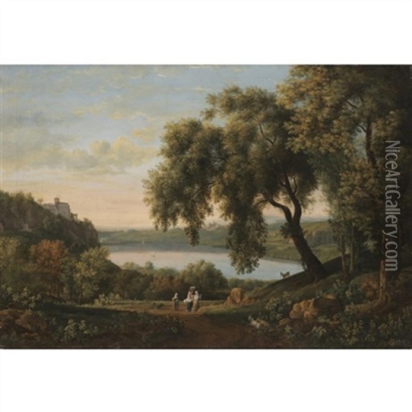 A View Of The Castel Gandolfo On Lake Albano Oil Painting - Elisabet Charlotta Karsten
