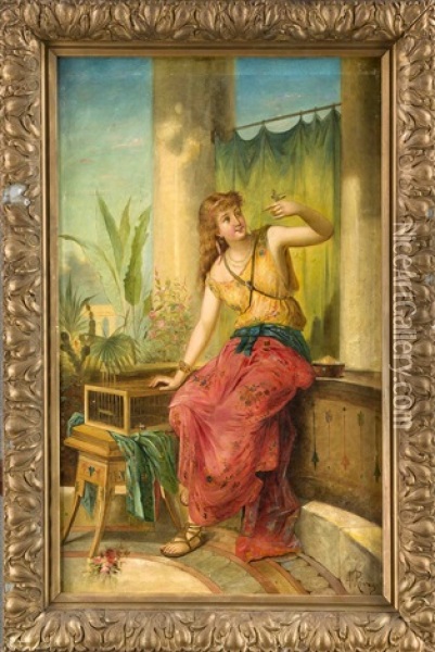 Junge Frau Auf Einer Terrasse Betrachtet Ihren Ziervogel Den Sie Seinem Kafig Entnommen Hat Oil Painting - Antonio Rivas