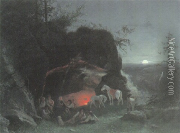 Vor Einer Hohle Lagernde Zigeuner Am Offenen Feuer Oil Painting - Wilhelm Zobus
