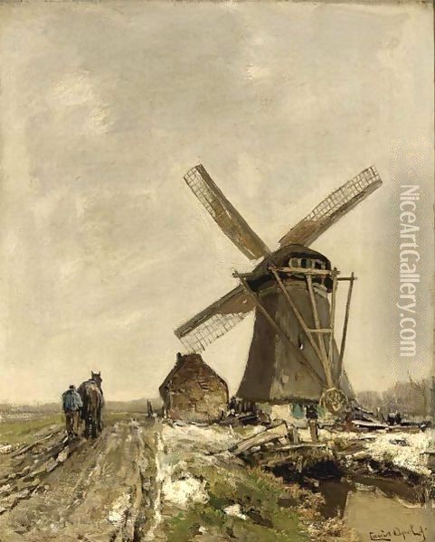 A Windmill In A Snowy Landscape Oil Painting - Louis Apol