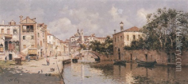 Venetian Canal Oil Painting - Antonio Maria de Reyna Manescau