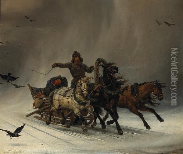 Figures In A Sleigh In A Stormy Winter Landscape Oil Painting - Horace Vernet