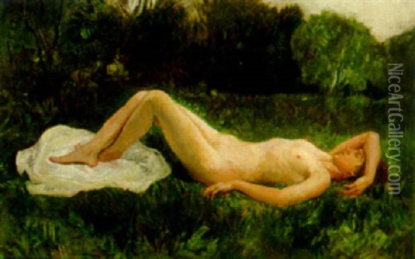 A Reclining Female Nude In A Meadow Oil Painting - Imre Knopp