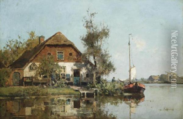 A Moored Sailing Vessel Near A Farmhouse Oil Painting - Cornelis Vreedenburgh