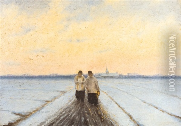 Deux Enfants De Coeur Sur Un Chemin D'hiver Oil Painting - Adriaan Josef Heymans
