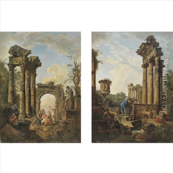 An Architectural Capriccio Of Roman Ruins And Four Archeologists (+ An Architectural Capriccio Of Roman Ruins And An Apostle Preaching; Pair) Oil Painting - Giovanni Paolo Panini
