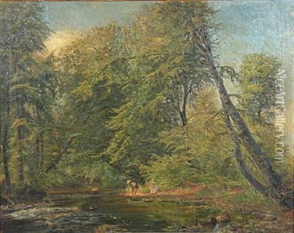 Forest Stream With Women At The Shore Oil Painting - Gerhard Lichtenberg Blom