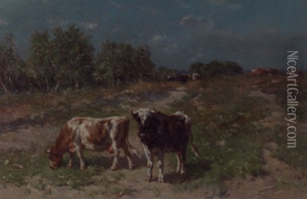 Cows In A Pasture Oil Painting - Johannes Hubertus Leonardus de Haas