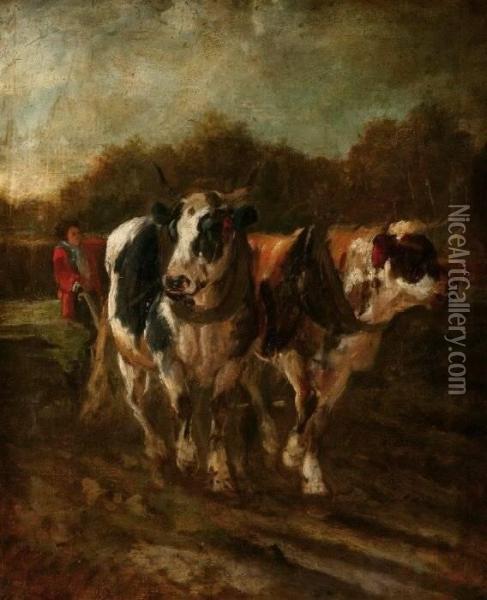 Constant Troyon . Two Cows And A Ploughman Oil Painting - Constant Troyon