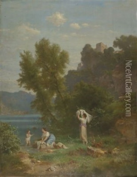 Wascherinnen Am Fluss Oil Painting - Heinrich (Franz-Dreber) Dreber