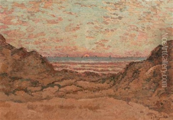 Sun Setting On The Horizon Oil Painting - Adriaan Josef Heymans