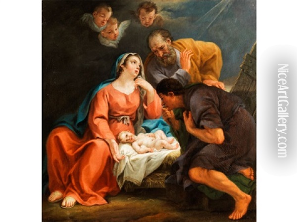 Anbetung Des Kindes In Bethlehem Mit Maria, Josef Und Einem Hirten Oil Painting - Pierre Parrocel
