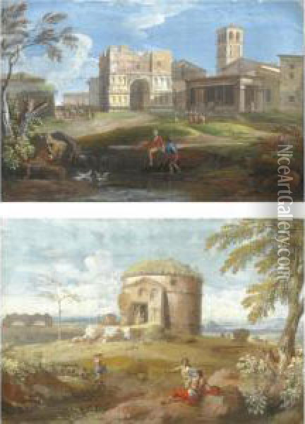 Veduta Con Arco Romano E Figure;paesaggio Romano Con Un Mausoleo Oil Painting - Jan Frans Van Bloemen (Orizzonte)
