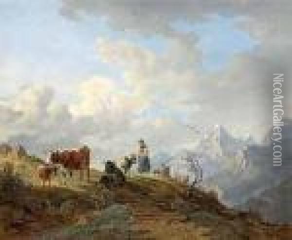 Sennerin Mit Kuhen Und Einer Ziege Auf Einer Almwiese. Oil Painting - Max Joseph Wagenbauer