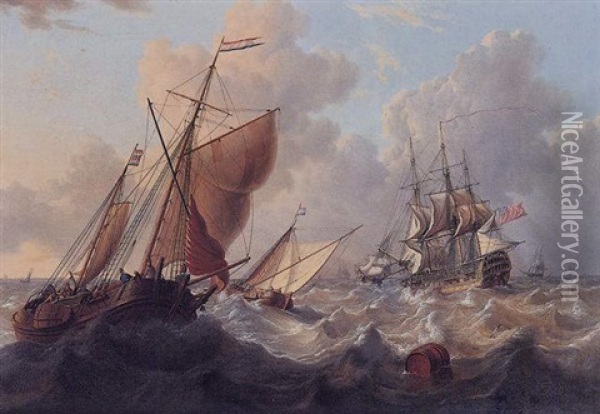 A British Man Of War And Dutch Barges Oil Painting - Charles Martin Powell