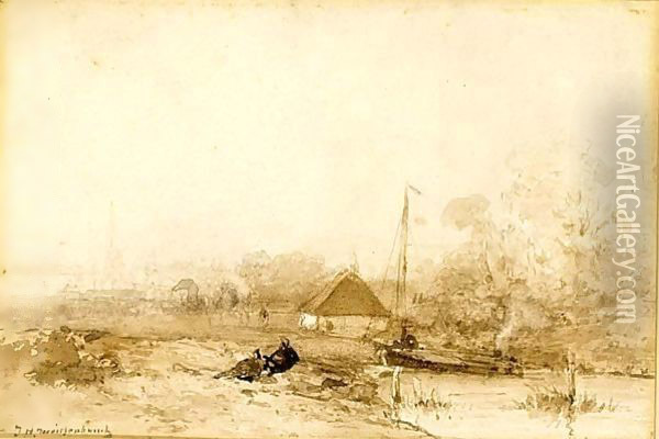 Figures Resting In A River Landscape Oil Painting - Jan Hendrik Weissenbruch