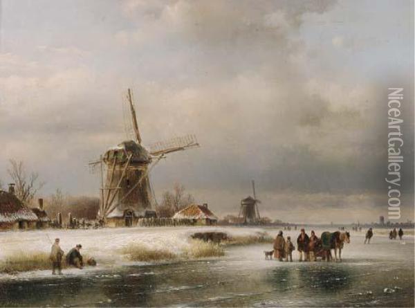 Figures On A Frozen Waterway With Windmills On The River Bank Oil Painting - Lodewijk Johannes Kleijn