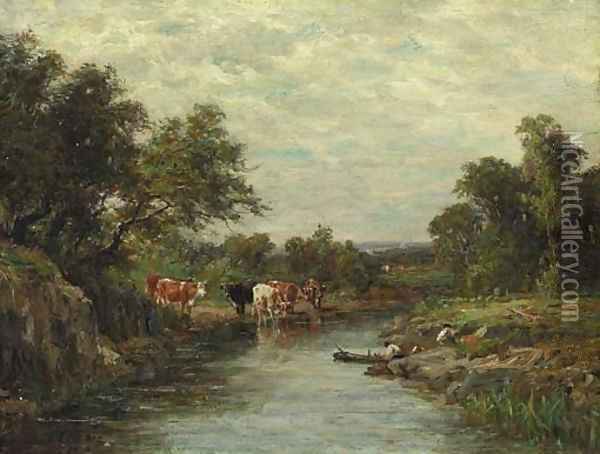 Cows Watering by Figures in a Canoe Oil Painting - Charles Franklin Pierce