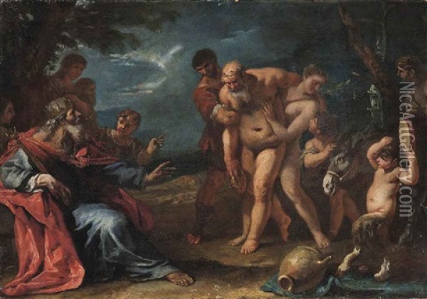The Drunken Silenus Brought Before King Midas (modello) Oil Painting - Sebastiano Ricci