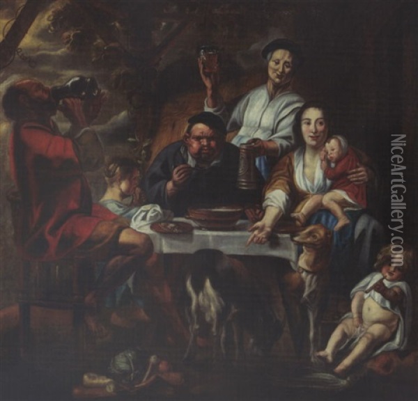 A Peasant Eating Porridge At A Table Together With A Mother And Child And Other Figures Drinking And Eating, Dogs In The Foreground Oil Painting - Jacob Jordaens