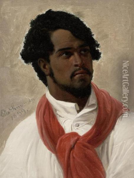 Portrait Of A Turk, Wearing A Red Scarf Oil Painting - Niels Simonsen