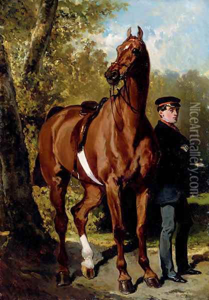 A Soldier with a Horse in a Landscape Oil Painting - Alfred Dedreux