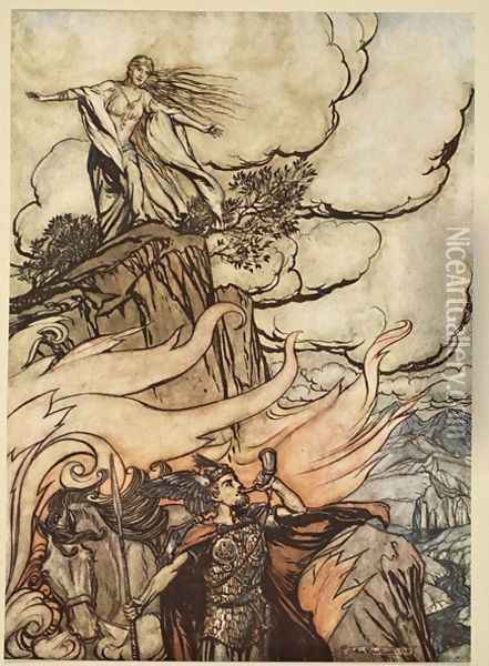 Siegfried leaves Brunnhilde in search of adventure, illustration from Siegfried and the Twilight of the Gods, 1924 Oil Painting - Arthur Rackham