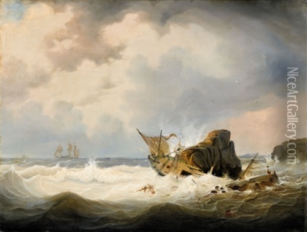 Shipwreck By A Rocky Coastline Oil Painting - Johann Baptist Weiss