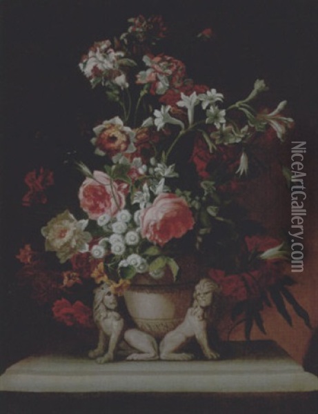 Still Life Of Roses, Carnations And Other Flowers In A Stone Vase, Together With A Pair Of Sculpted Lions, Upon A Stone Ledge Oil Painting - Nicolas Ricoeur