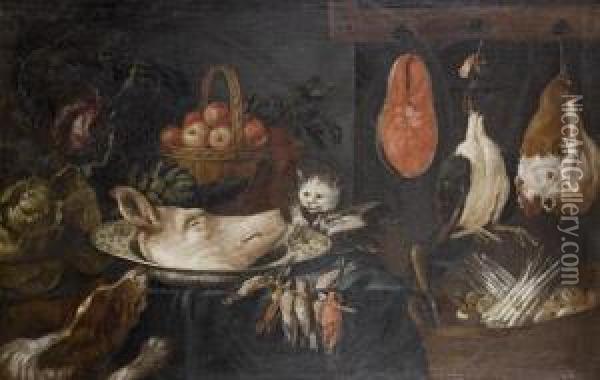 A Dog And Cat Amid A Still Life 
Of Game With A Basket Of Asparagus And Mushrooms In A Kitchen Interior Oil Painting - Adriaen van Utrecht