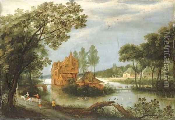A river landscape with sportsmen shooting from a boat by a farm and peasants on a path Oil Painting - Adriaan van Stalbemt
