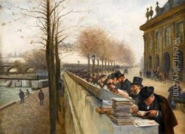 Bouquineurs Sur Les Quais De La Seine Oil Painting - Henri Brispot