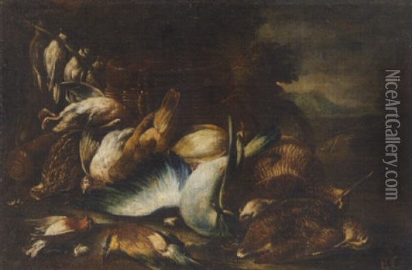 A Still Life Of Woodcock And Other Birds In A Landscape Oil Painting - Baldassare De Caro