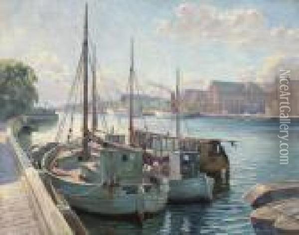 Boats Moored At A Quay, Copenhagen Oil Painting - Robert Panitzsch