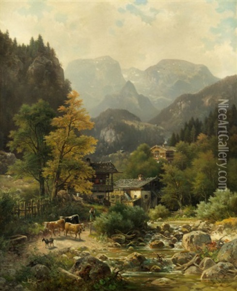 Gebirgsdorf Mit Hirtin Und Kleiner Herde Oil Painting - Ludwig Skell