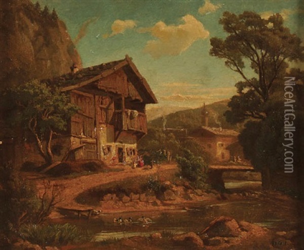 Alpine Village Scene Oil Painting - Ludwig Sckell