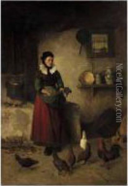 A Westphalian Peasant Girl Feeding Chickens Oil Painting - Walter-Dendy Sadler