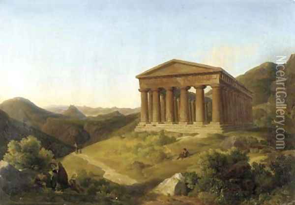 A mountainous landscape with a view of the Temple of Segesta, Sicily Oil Painting - Lancelot Theodore Turpin De Crisse