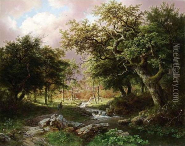 A Wooded Landscape With Figures Along A Stream Oil Painting - Barend Cornelis Koekkoek