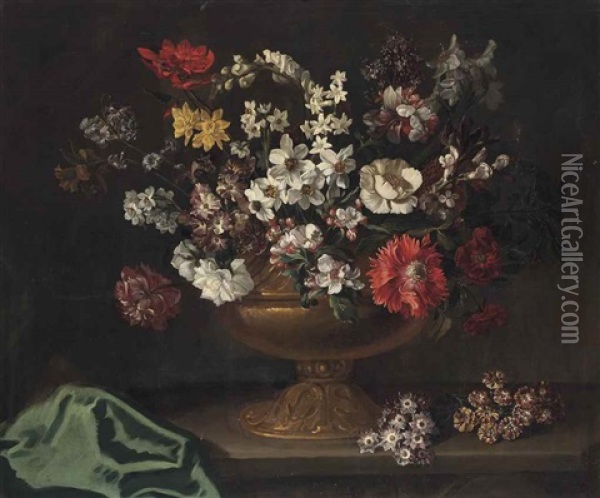 Daffodils, Hyacinths, Foxgloves A Poppy And Other Flowers, In A Bronze Urn, On A Stone Ledge Oil Painting - Jean-Baptiste Monnoyer