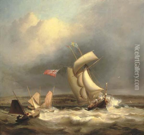 A Topsail Schooner And Two Swansea Luggers Caught In A Suddensquall Off The South Wales Coast, With Singleton Abbey Beyond Oil Painting - James Harris of Swansea