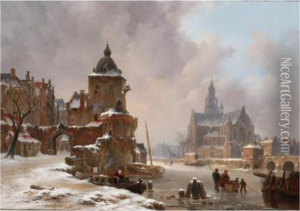 A View Of A Town In Winter Oil Painting - Bartholomeus J. Van Hove